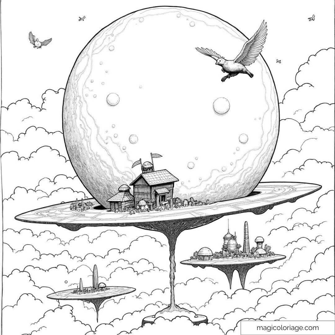 Dessin de paysages oniriques avec maisons et planètes flottantes.