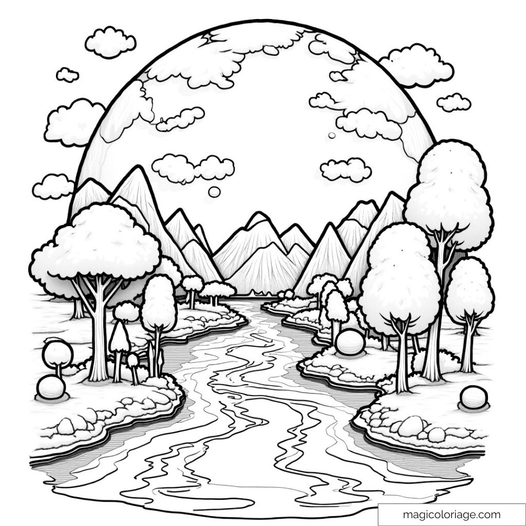 Paysage fantastique avec rivière sinueuse