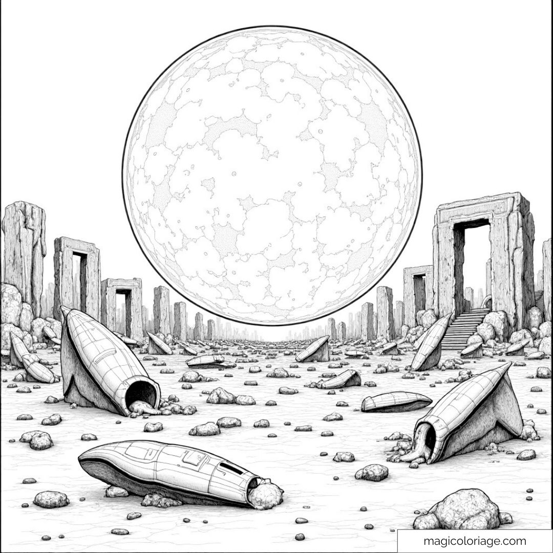 Dessin à colorier de ruines mystérieuses sous une grande lune.