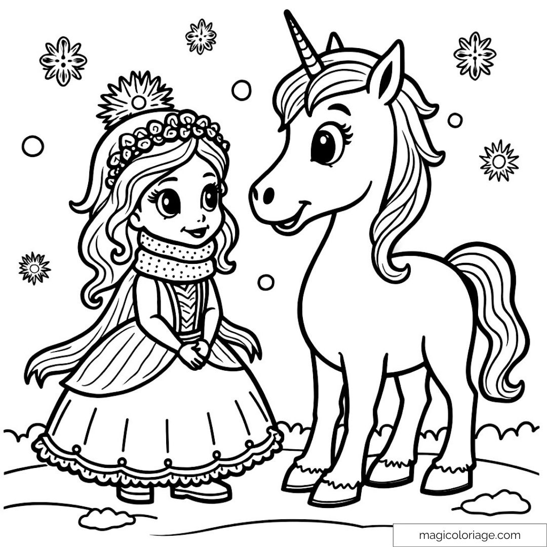 Princesse rencontre une licorne sous la neige