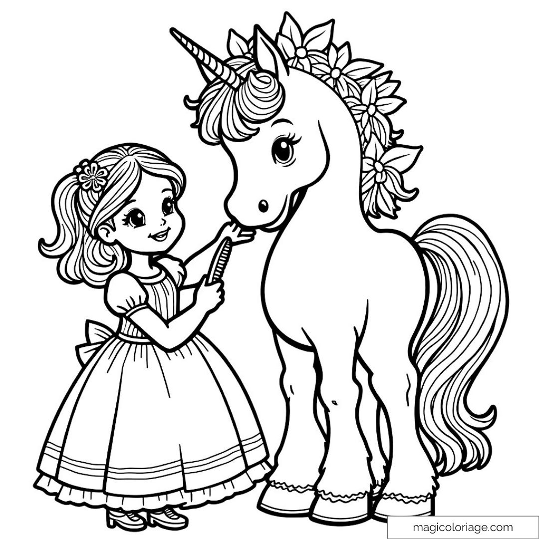 Coloriage d'une fille avec robe et licorne aux cheveux fleuris