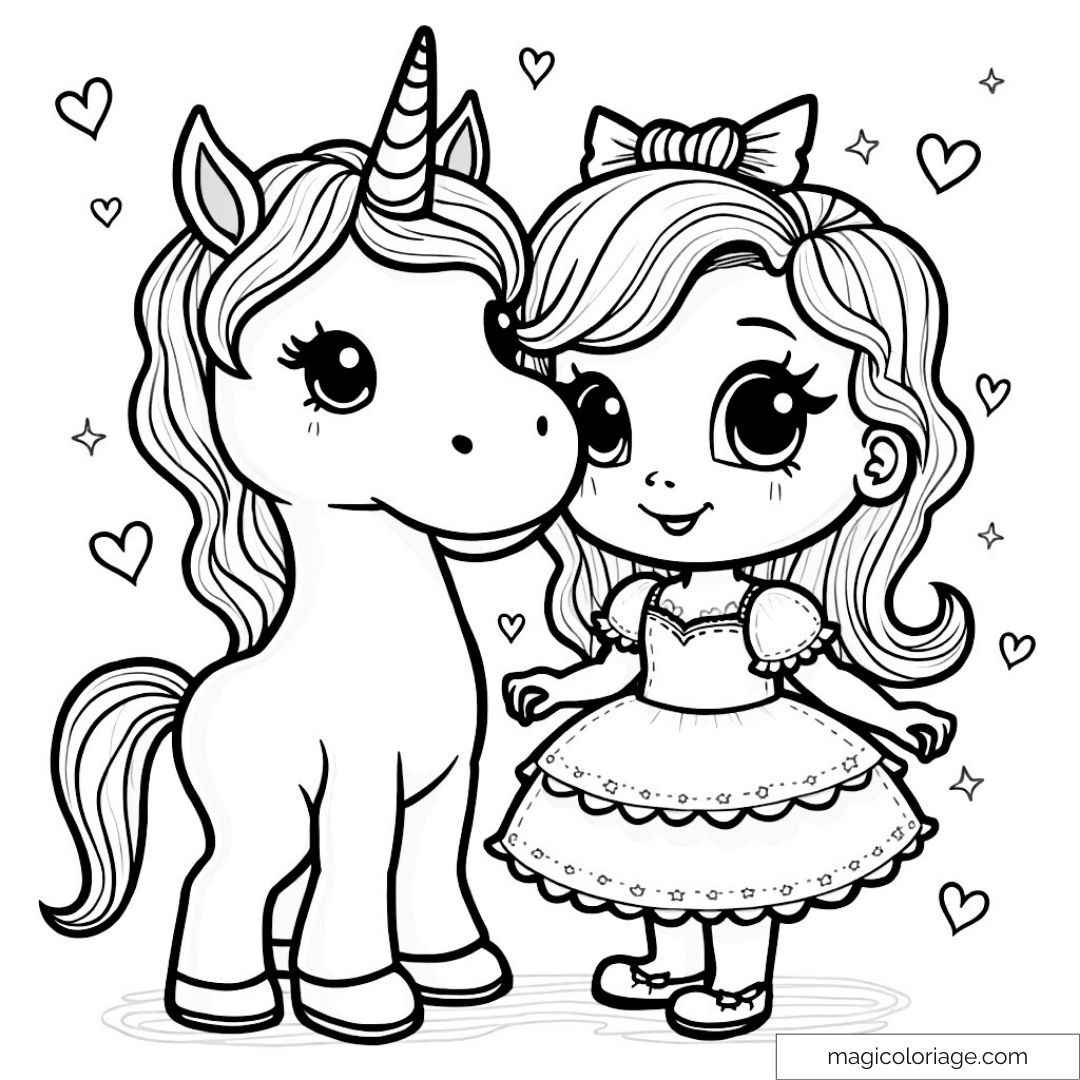 Coloriage d'une princesse mignonne et sa licorne avec cœurs