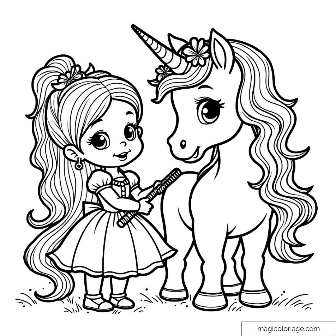Petite fille avec une robe et licorne avec des fleurs
