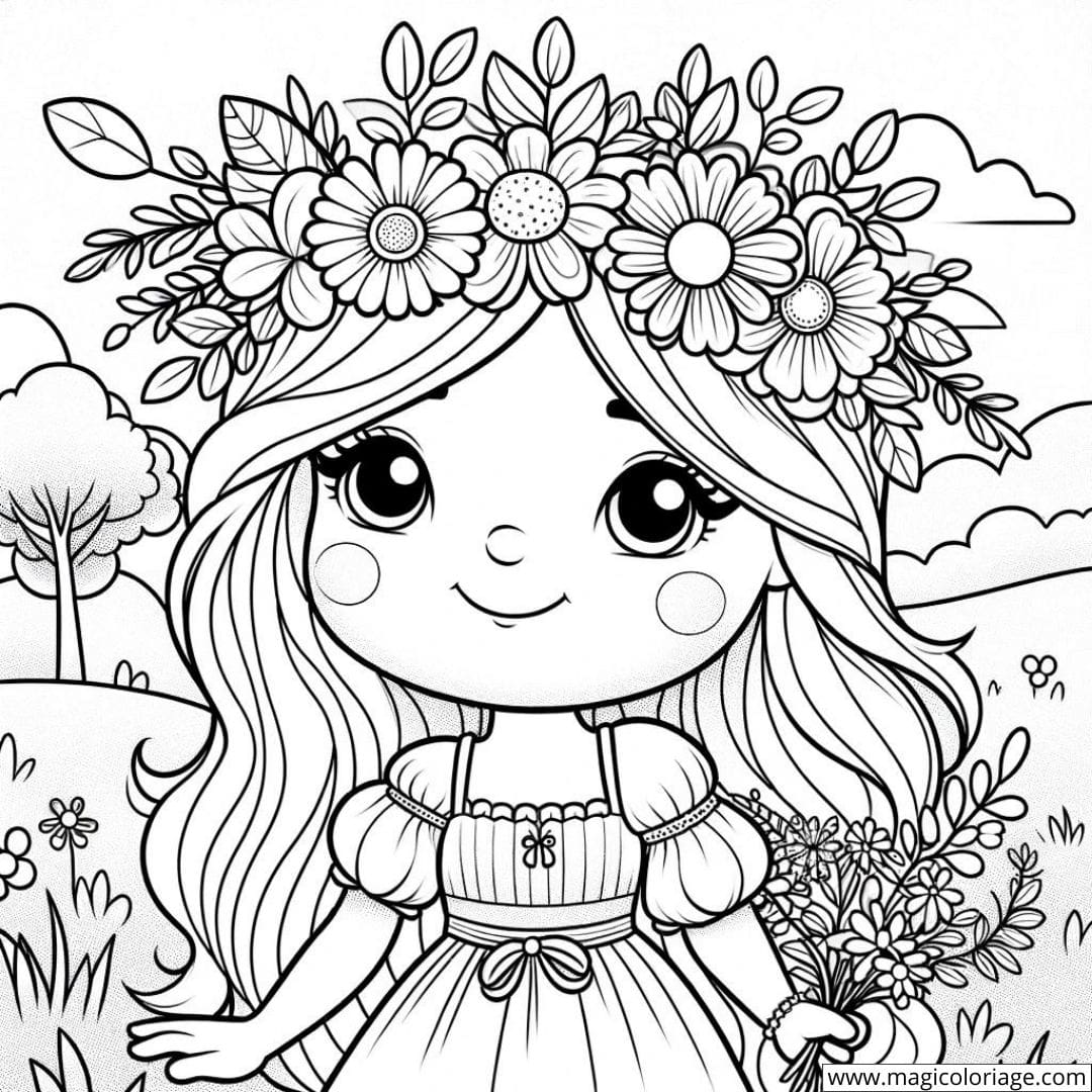 Dessin à colorier de princesse avec couronne de fleurs