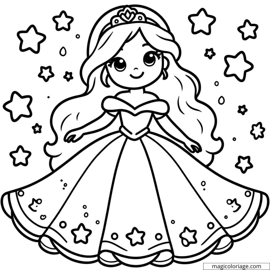 Coloriage de princesse avec des étoiles autour d'elle.