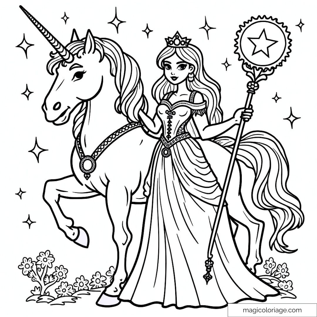 Princesse et licorne sous les étoiles