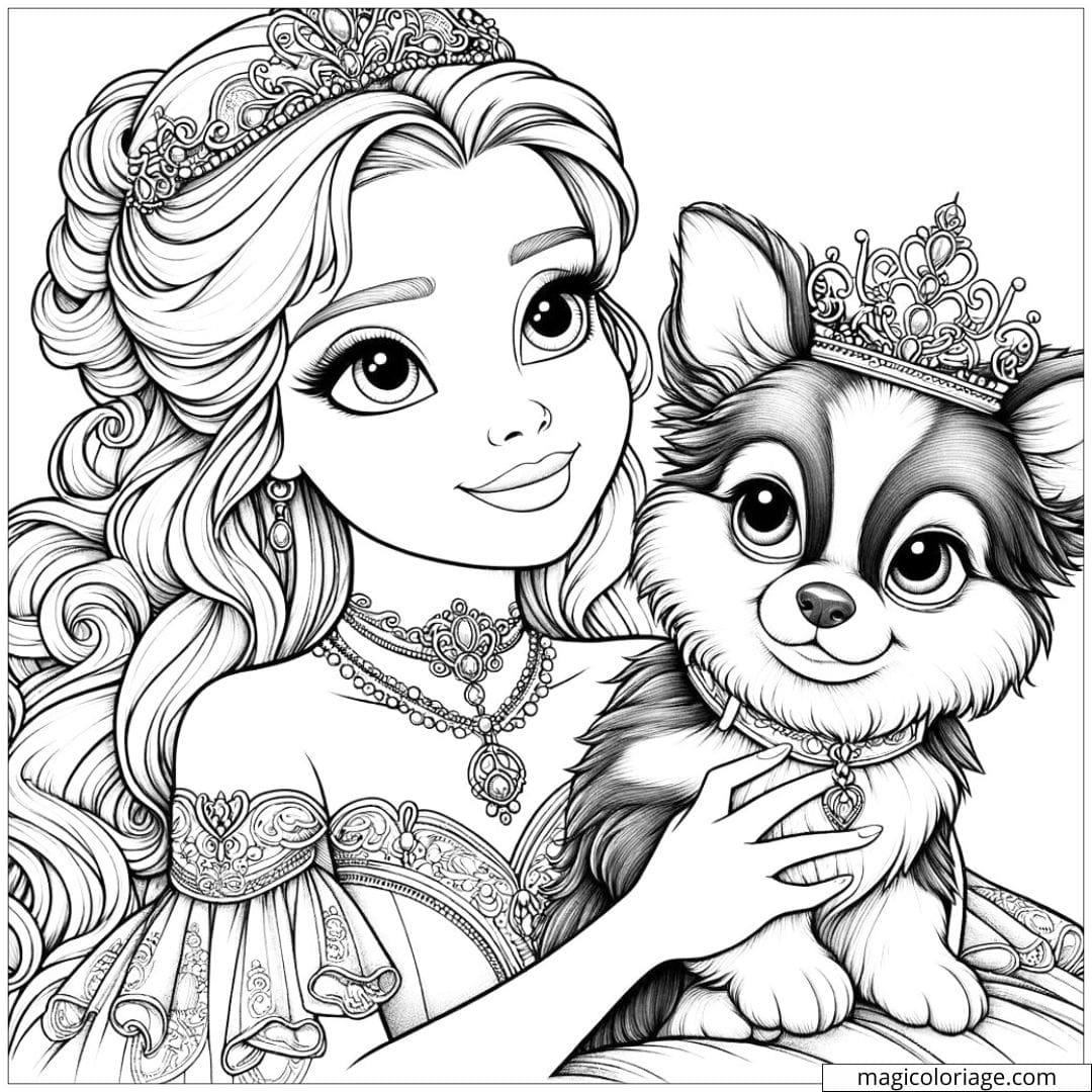 Coloriage de princesse avec un animal de compagnie royal.