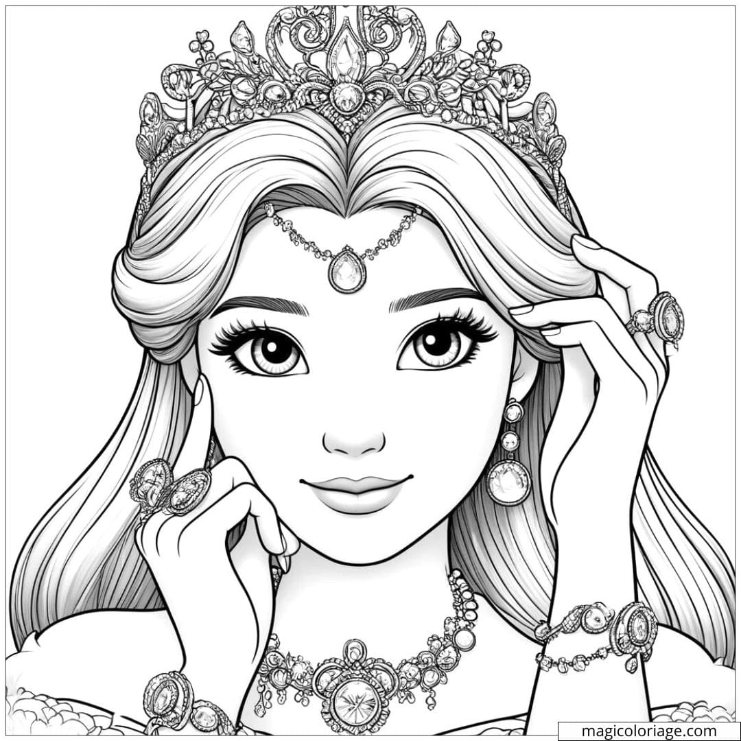 Coloriage de princesse portant un diadème et des bijoux.