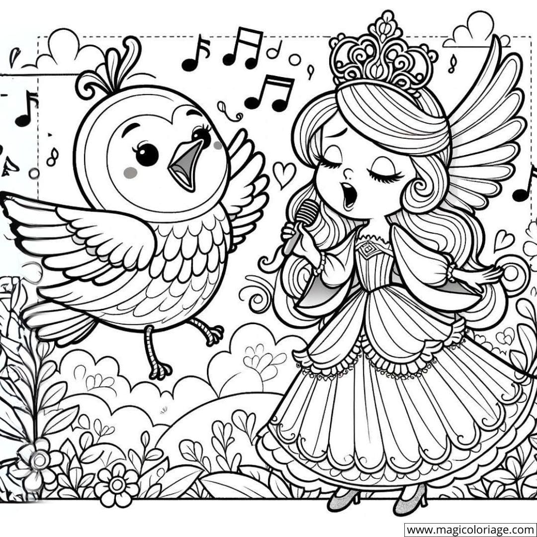 Dessin à colorier de princesse chantant avec un oiseau magique