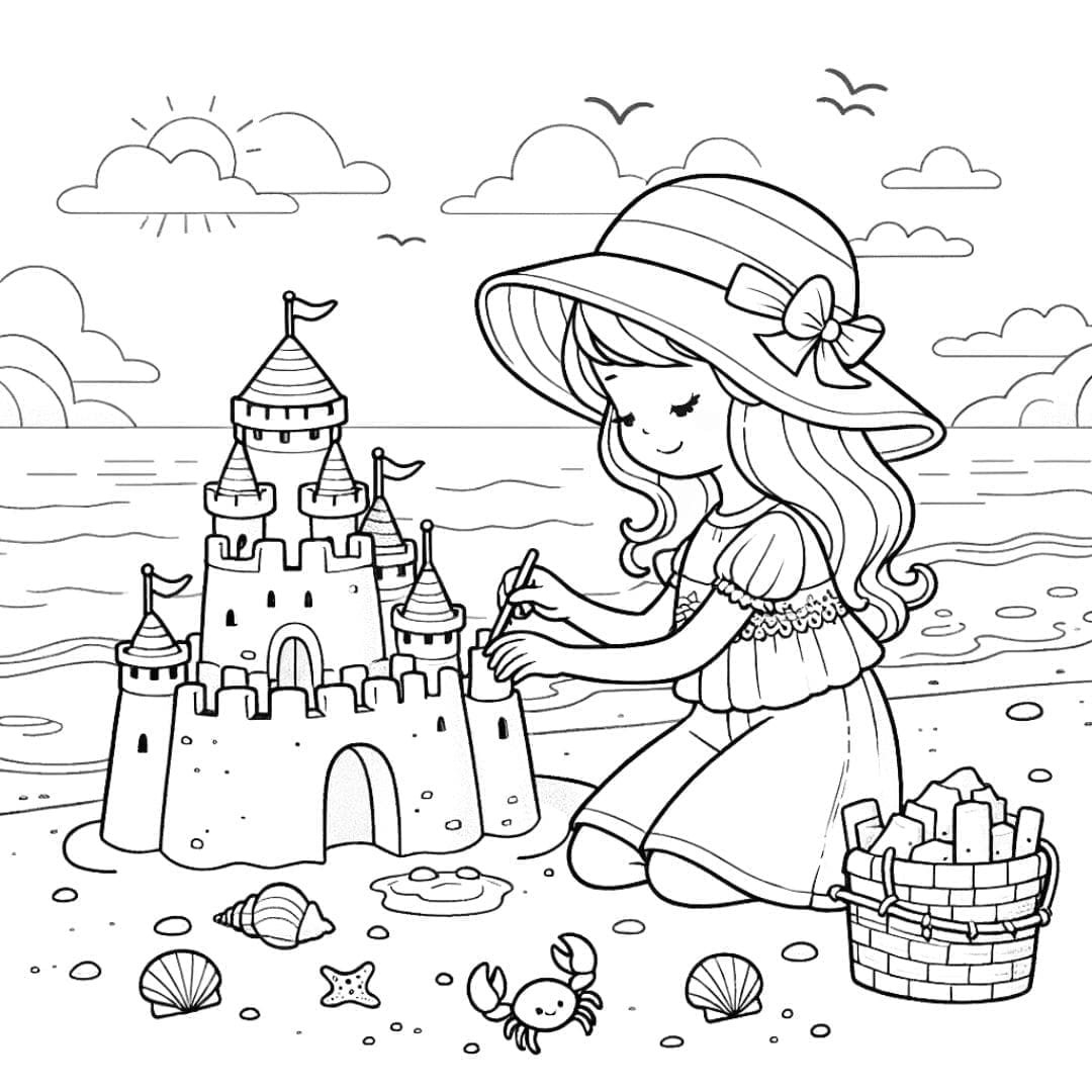 Princesse construisant un château de sable sur la plage