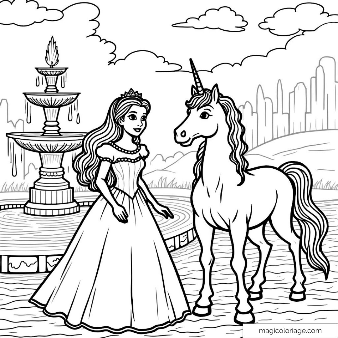 Dessin de princesse avec licorne devant une fontaine dans un jardin