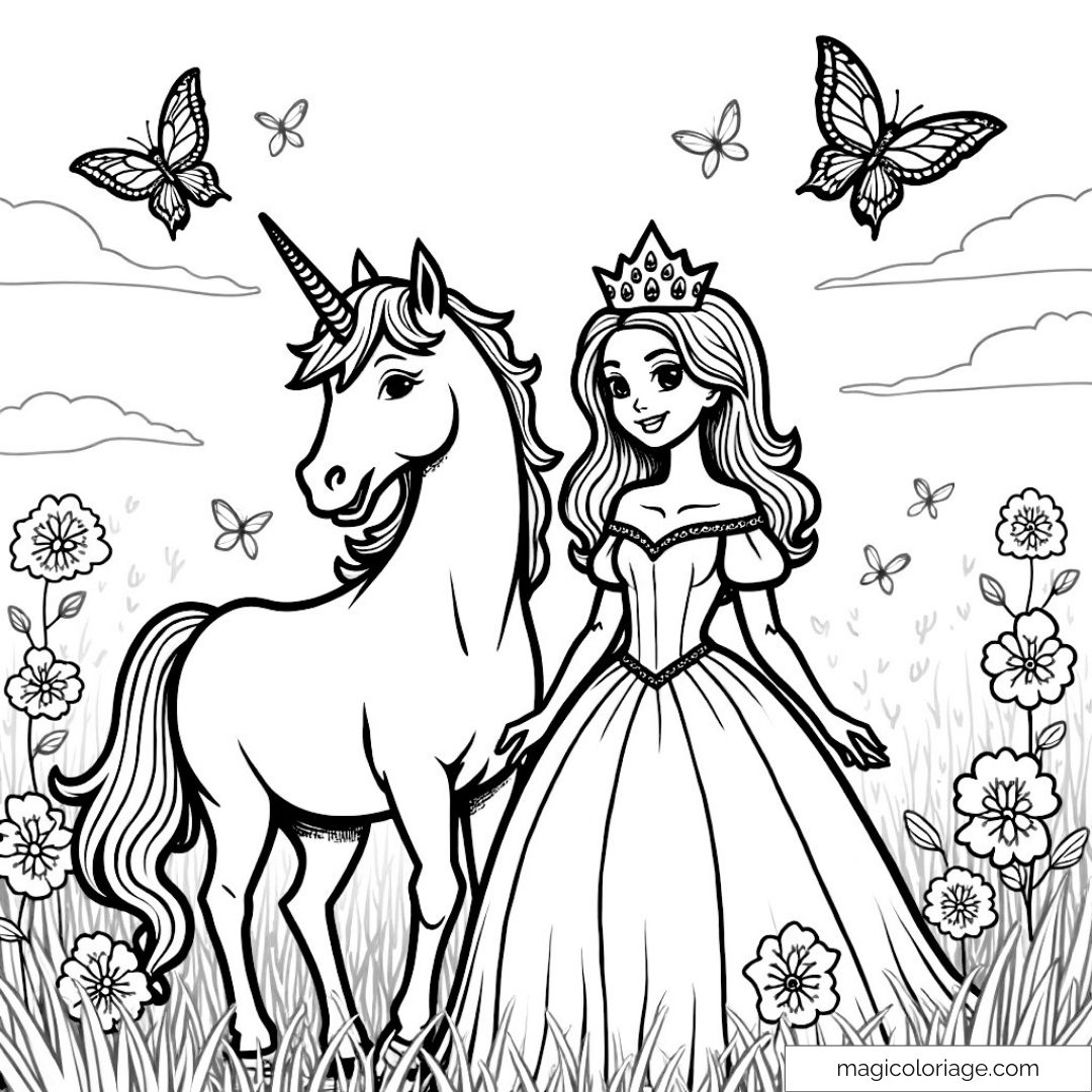 Coloriage de princesse et licorne avec papillons dans un jardin