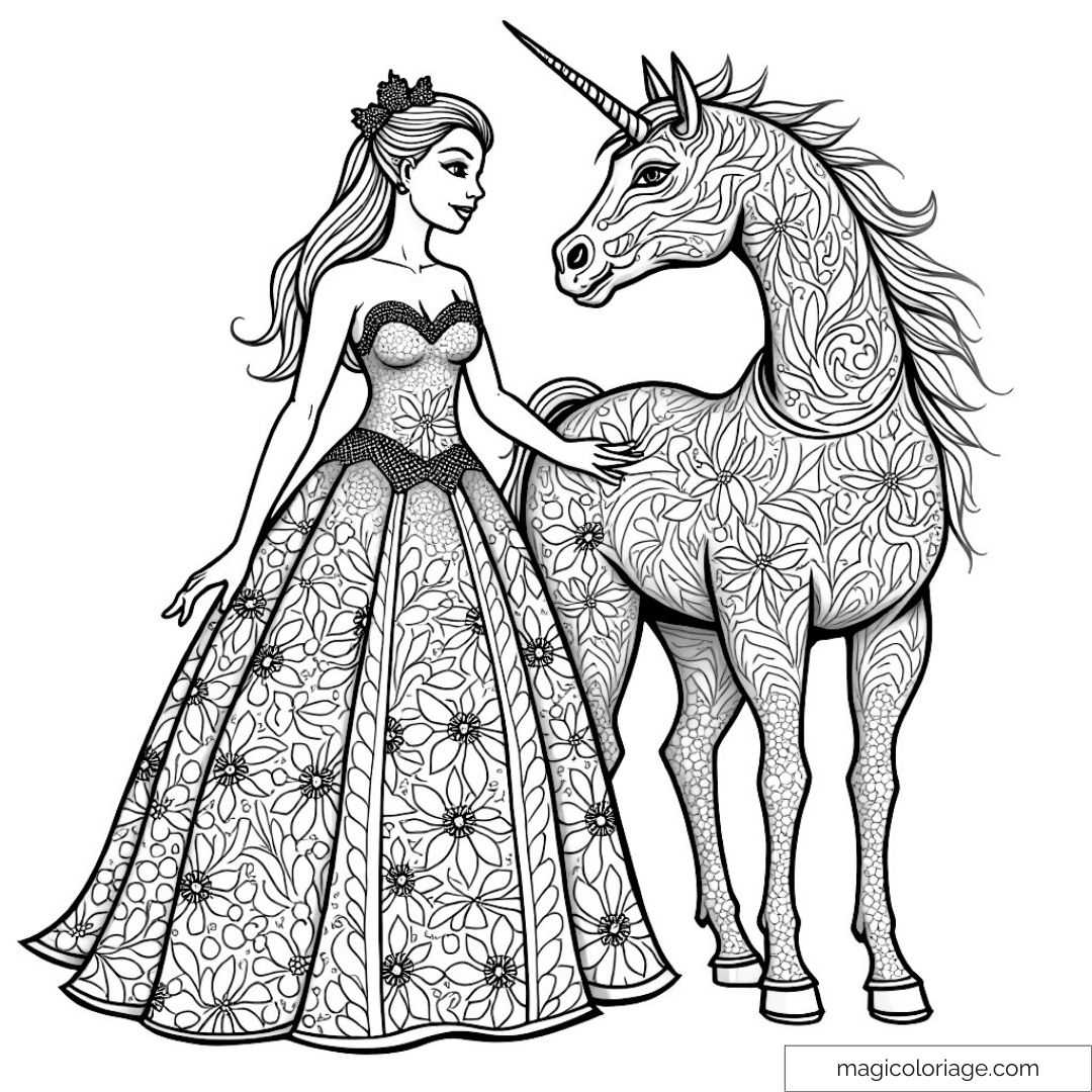 Dessin de princesse et licorne avec des motifs floraux détaillés.