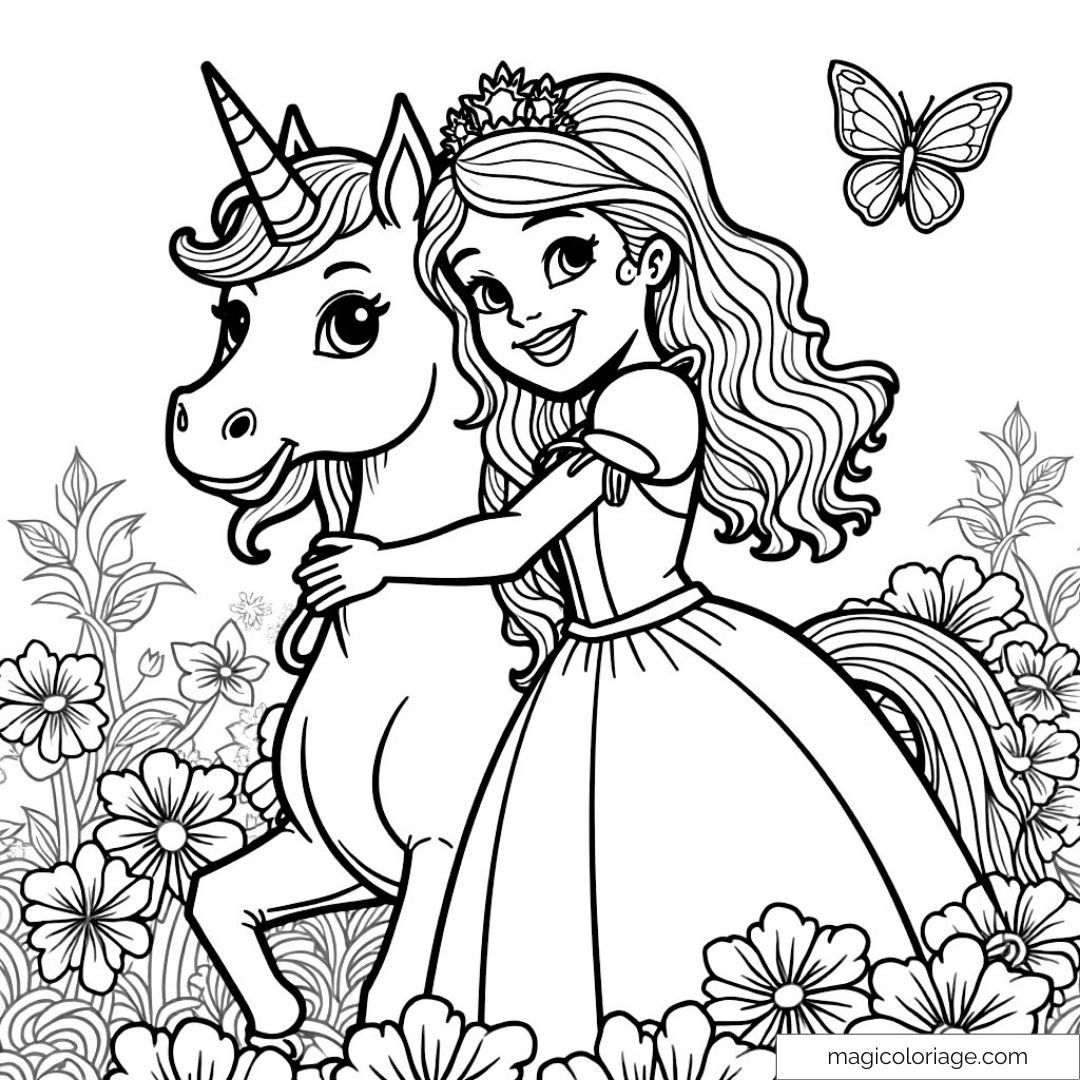 Dessin de princesse avec licorne et papillon à colorier