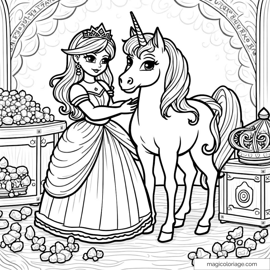Dessin en noir et blanc d'une princesse avec une licorne dans un décor magique.