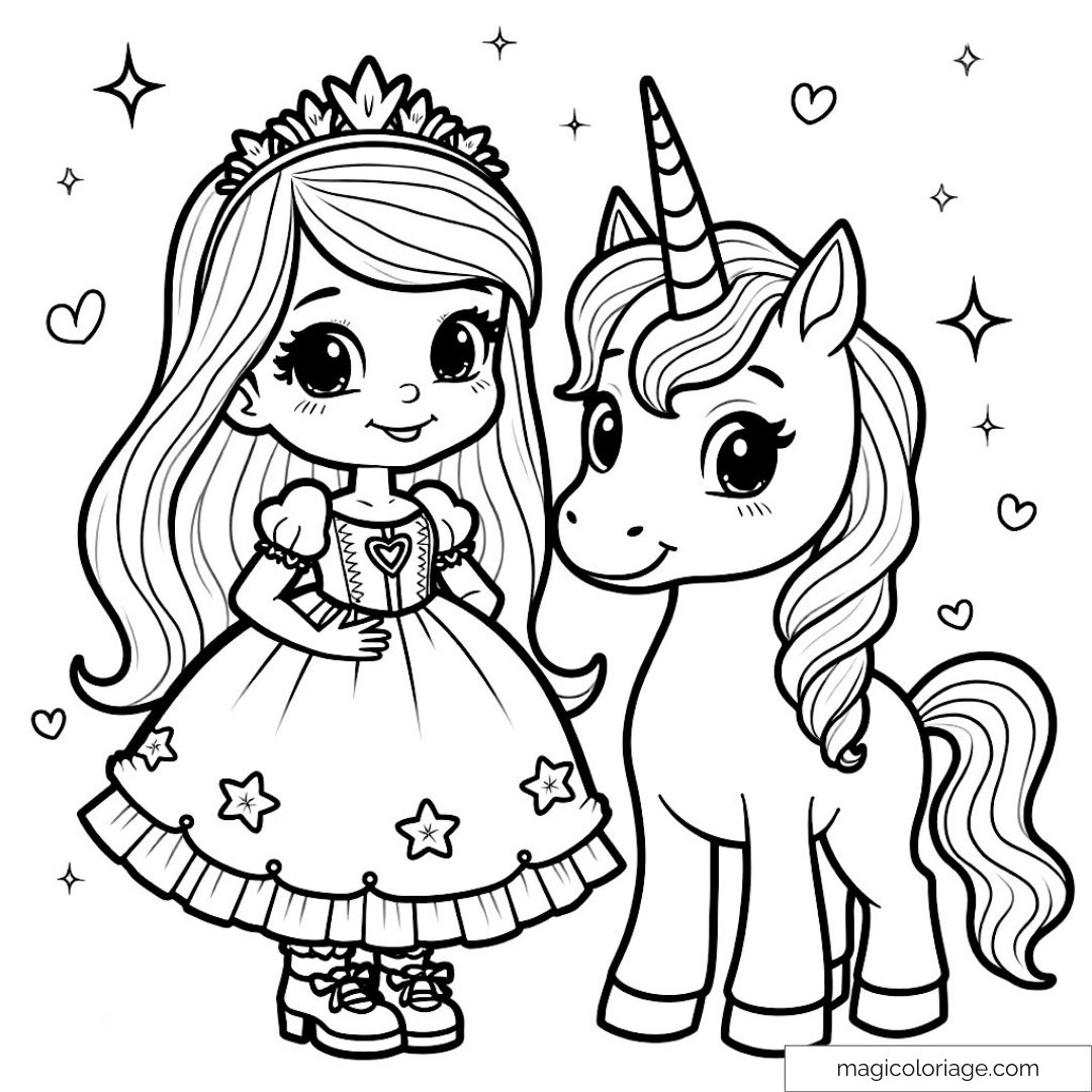 Coloriage princesse avec licorne magique