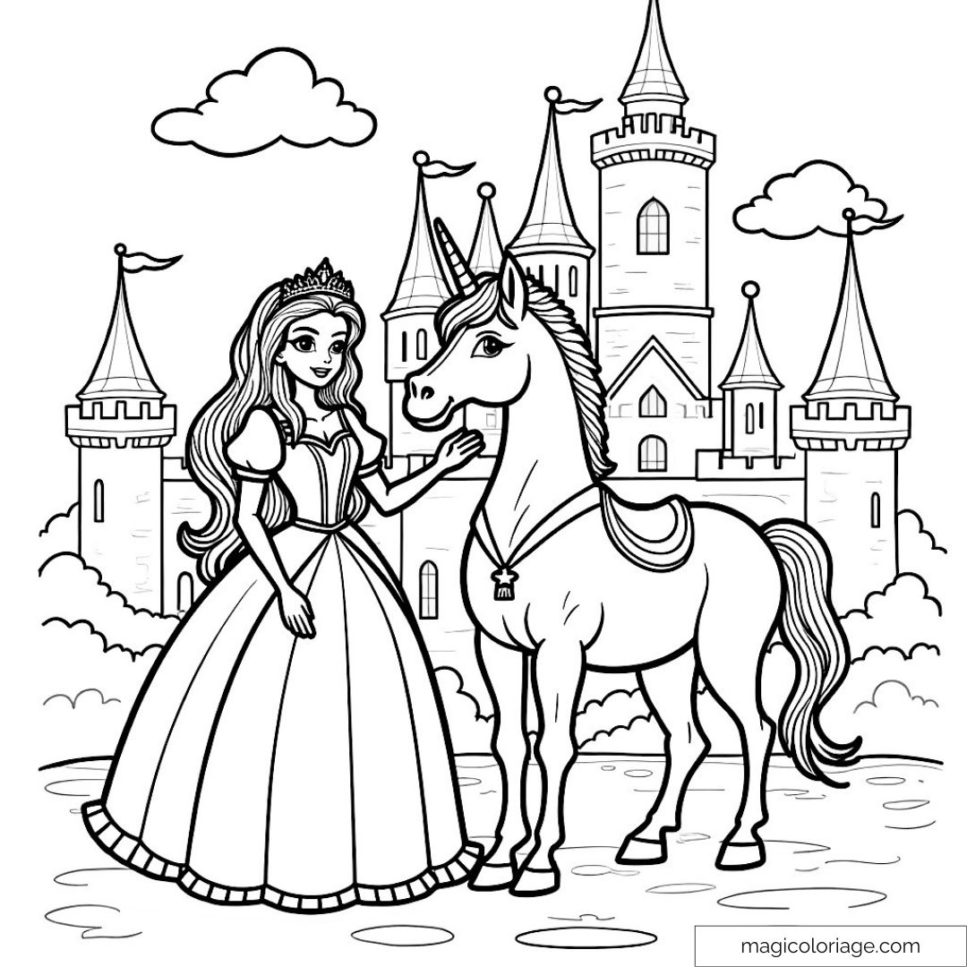 Princesse avec licorne devant château