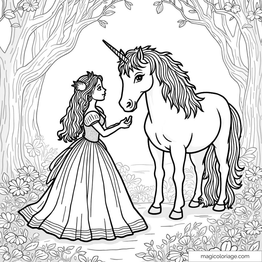 Dessin à colorier princesse avec licorne dans forêt magique