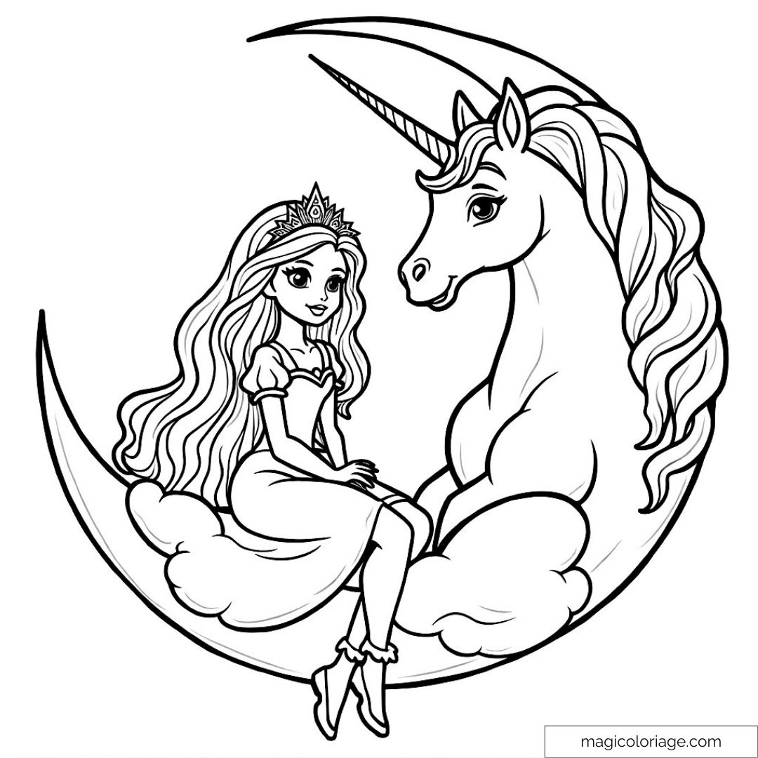 Coloriage de princesse et licorne assises sur un croissant de lune