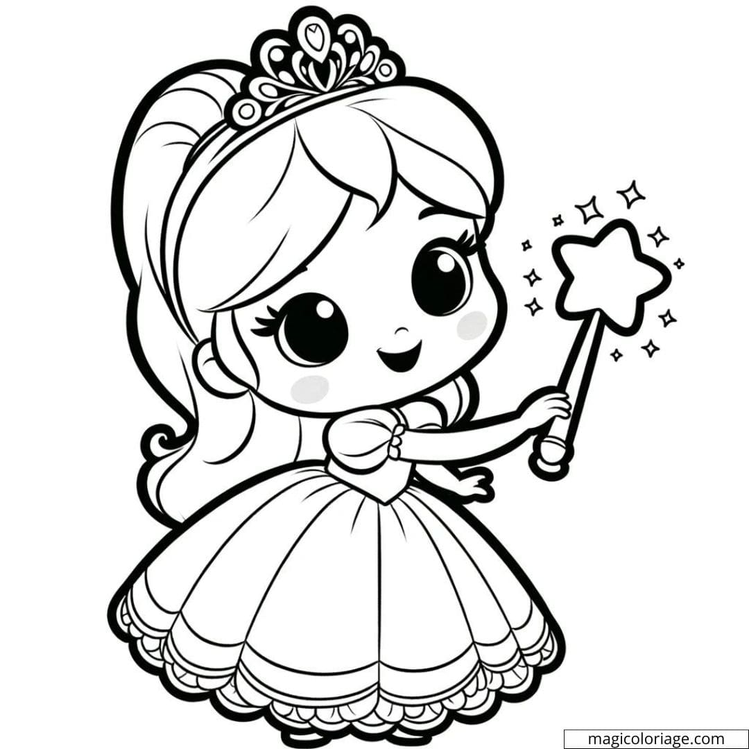 Coloriage de princesse jouant avec une baguette magique étoilée.