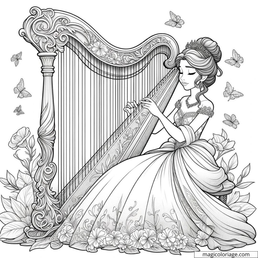 Coloriage de princesse jouant de la harpe.