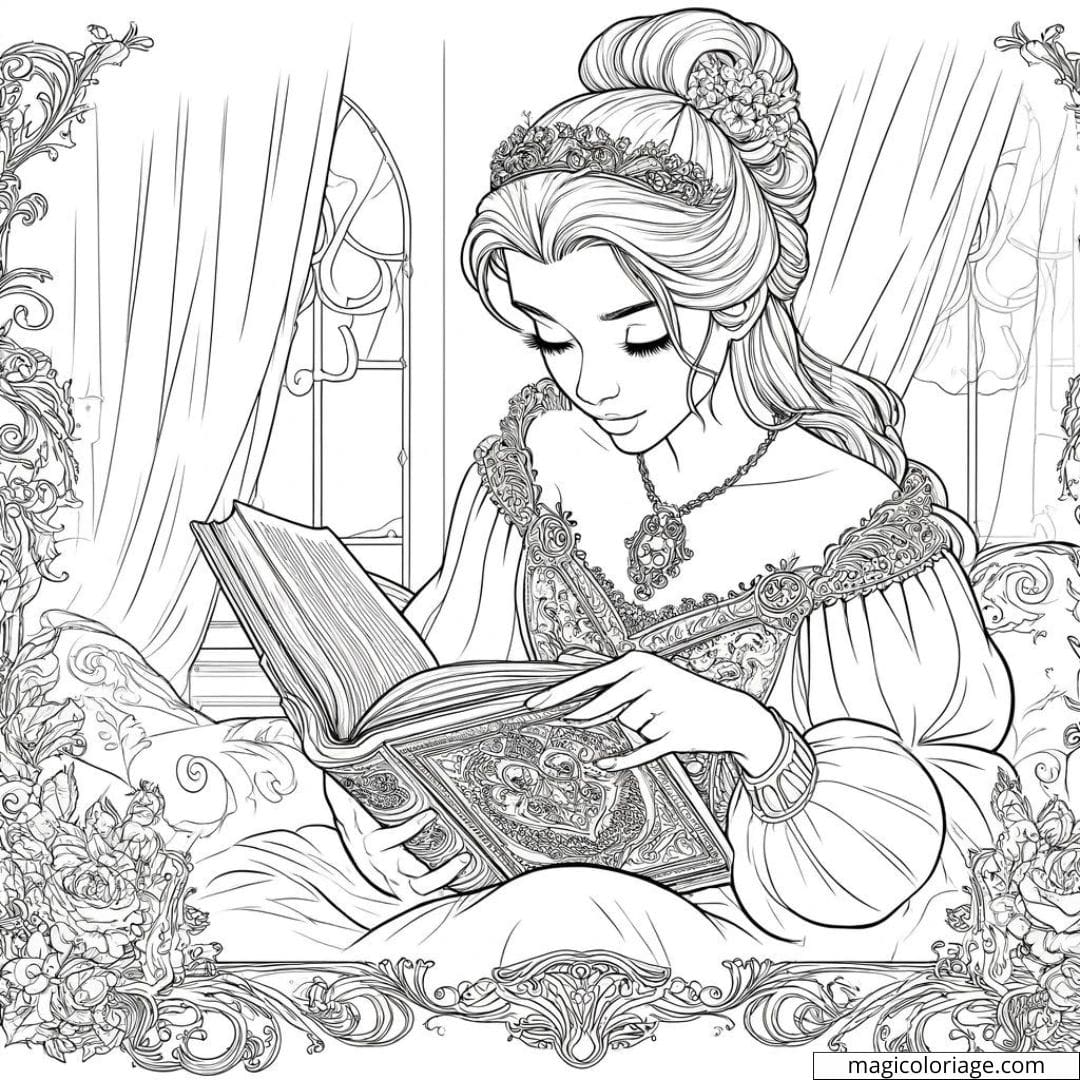 Coloriage de princesse lisant un livre ancien.