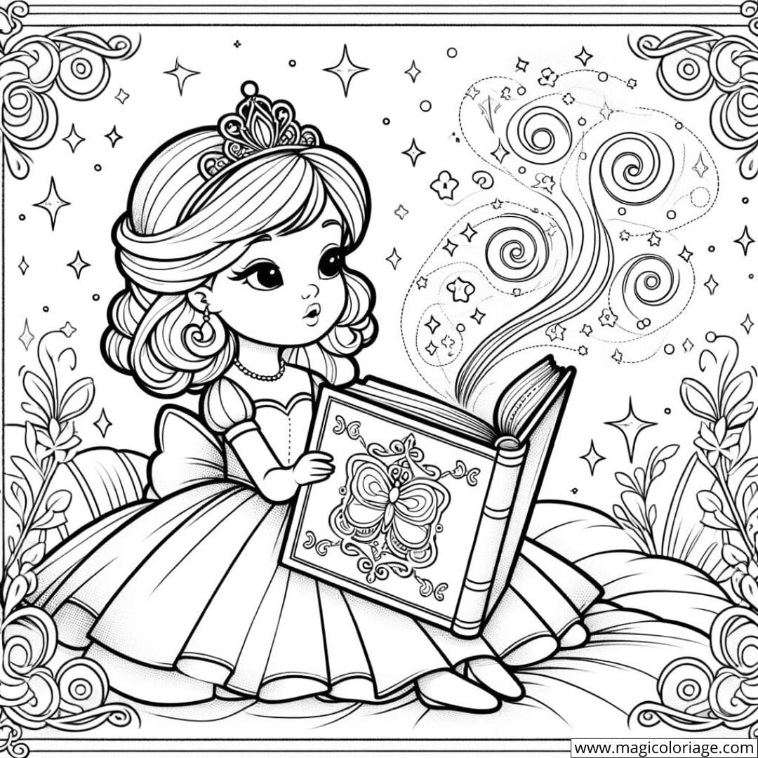 Dessin à colorier de princesse lisant un livre de contes magiques
