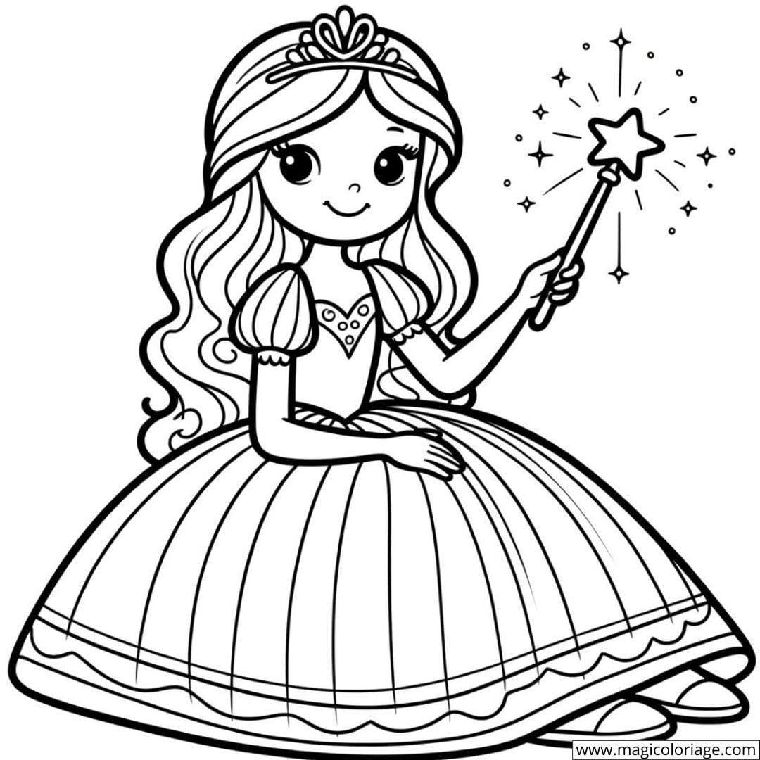 Dessin à colorier de princesse assise tenant une baguette magique pour enfants en maternelle