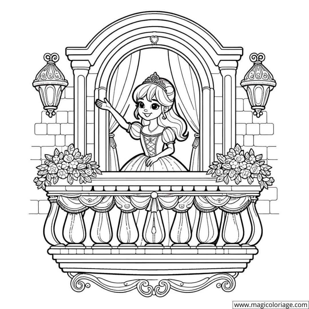 Dessin à colorier de princesse saluant depuis son balcon royal
