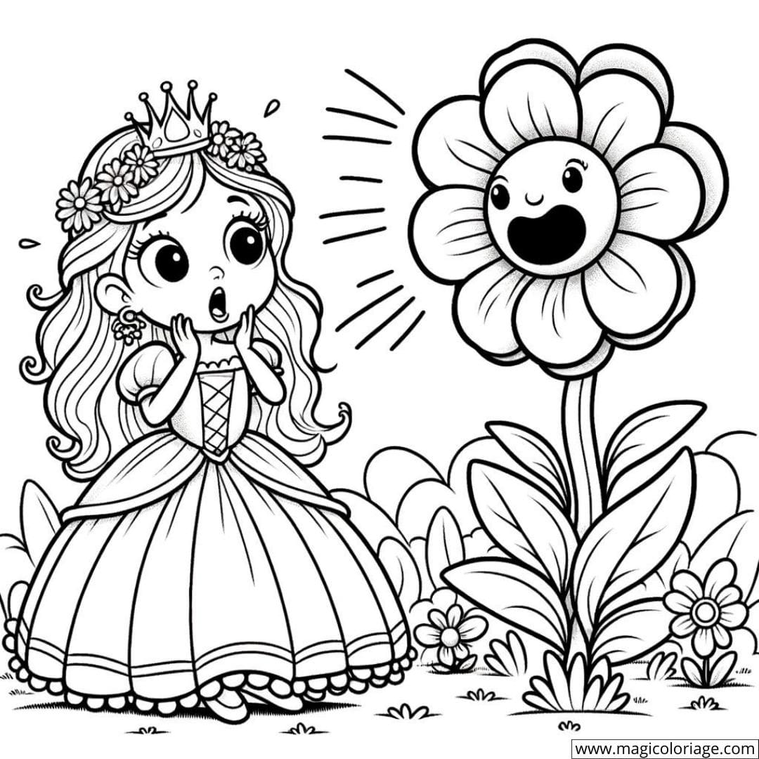 Dessin à colorier de princesse surprise par une fleur qui parle
