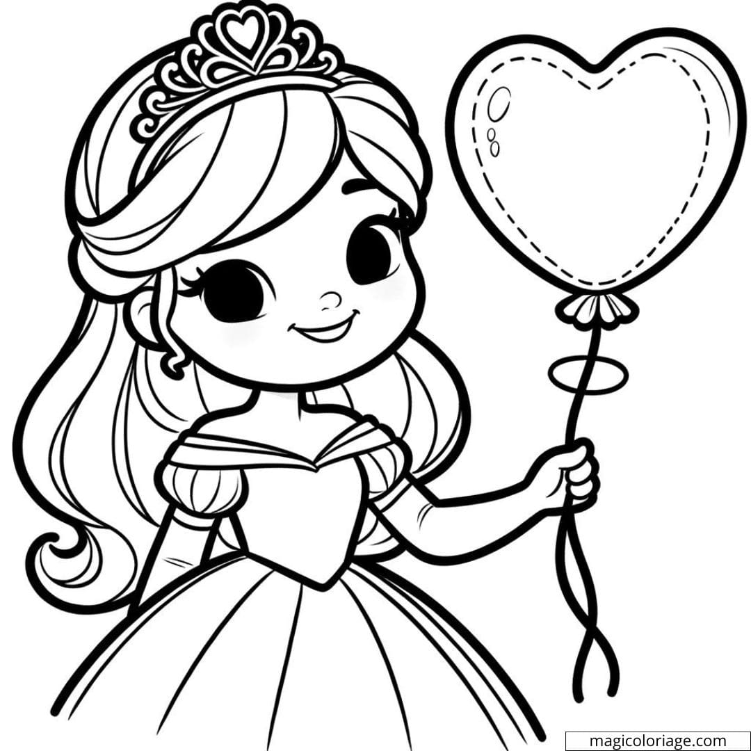 Coloriage de princesse tenant un ballon en forme de cœur.