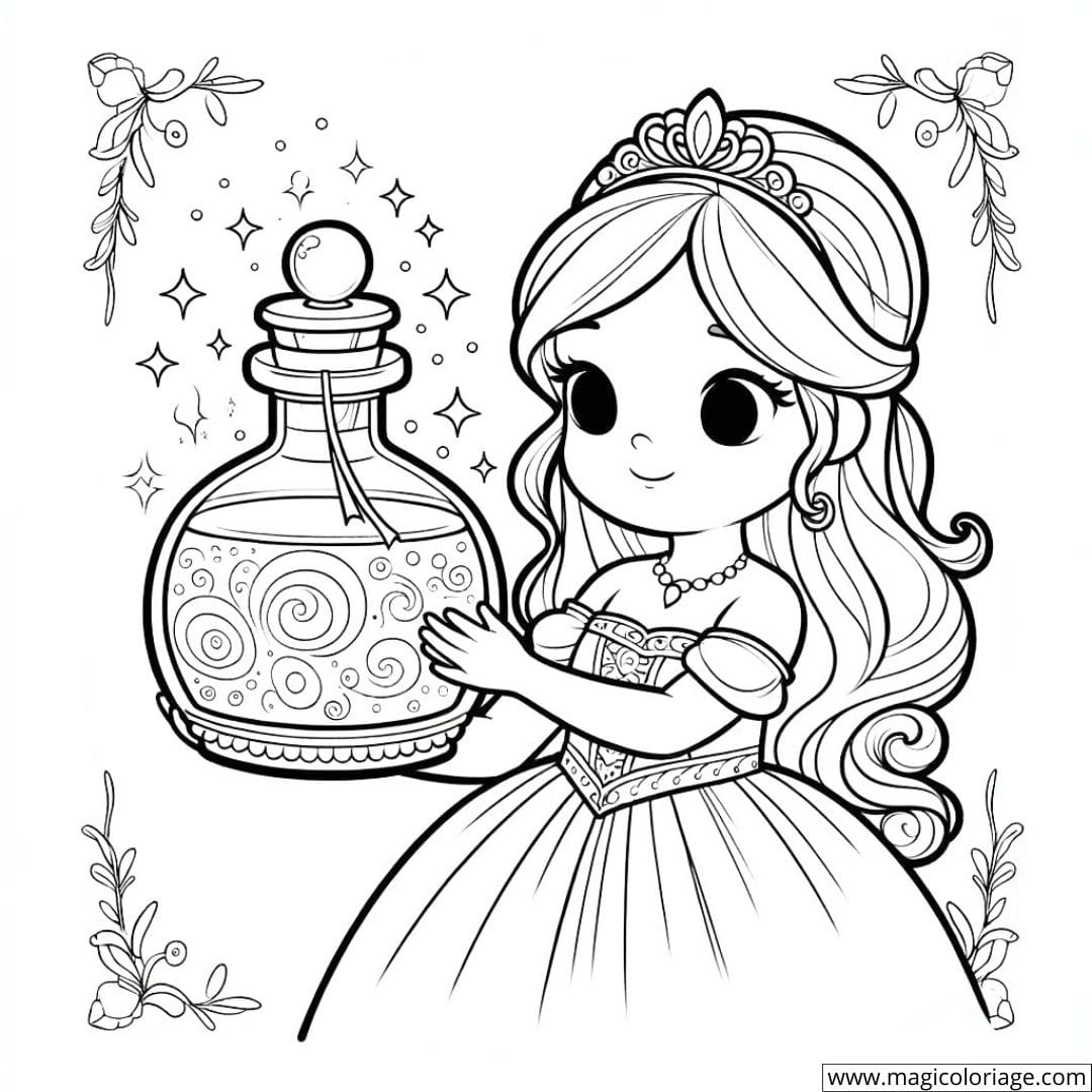 Dessin à colorier de princesse tenant une potion magique