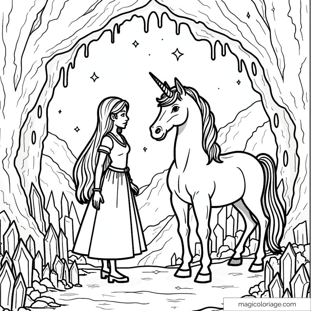 Dessin de fille avec licorne dans une grotte cristalline