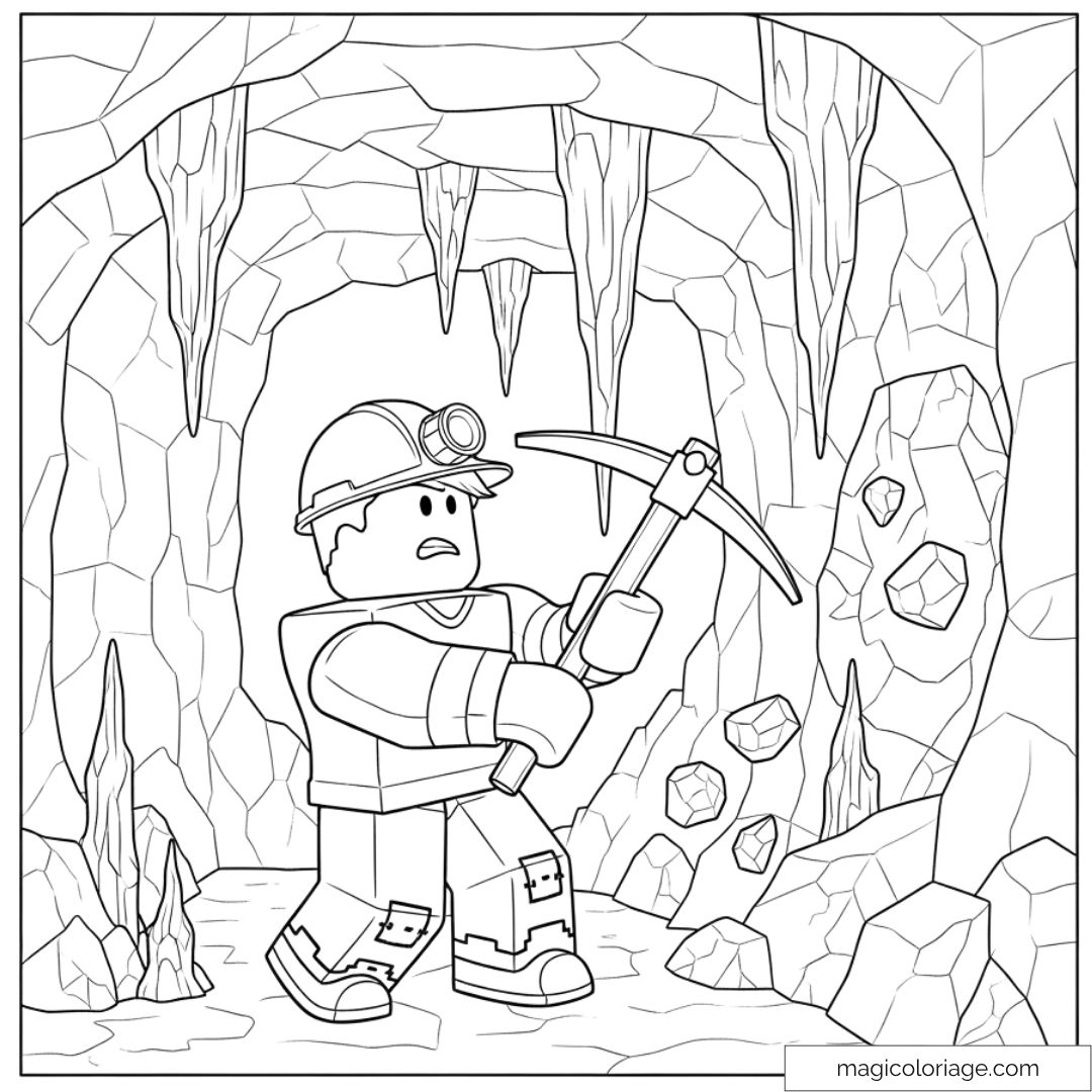 Mineur Roblox avec pioche dans une caverne de glace