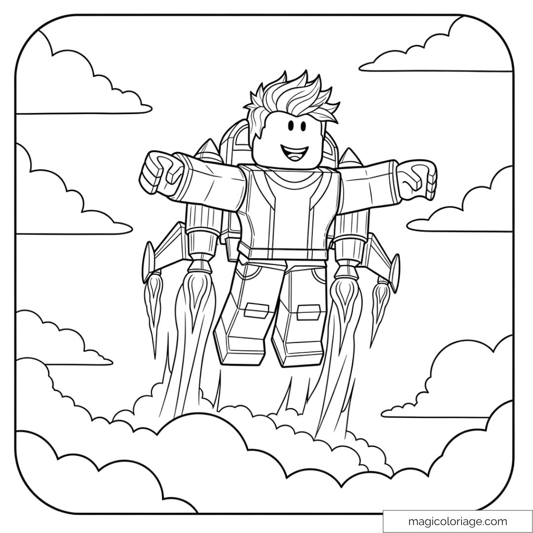 Dessin de personnage Roblox avec jetpack volant parmi les nuages.