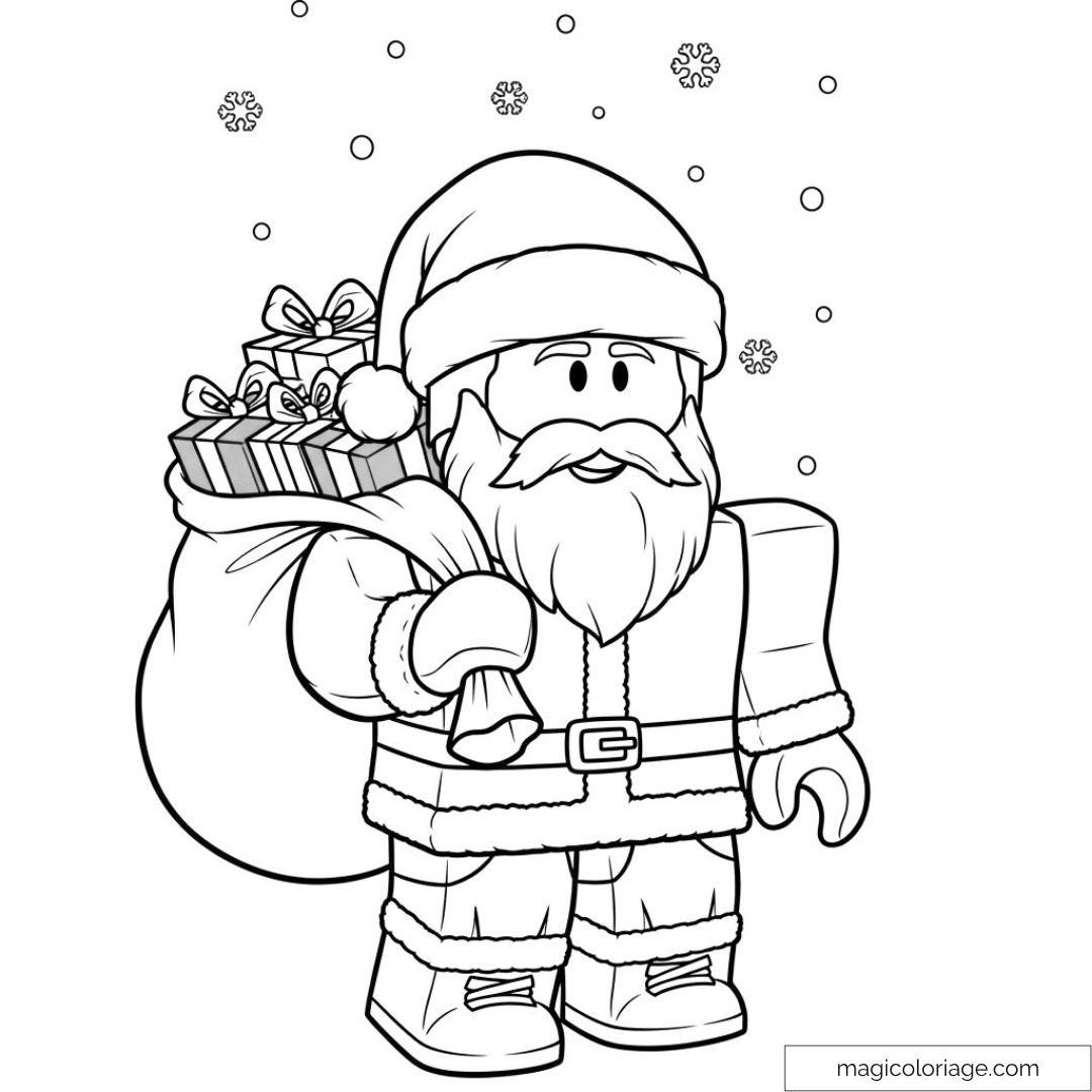 Père Noël Roblox portant un sac de cadeaux sous la neige