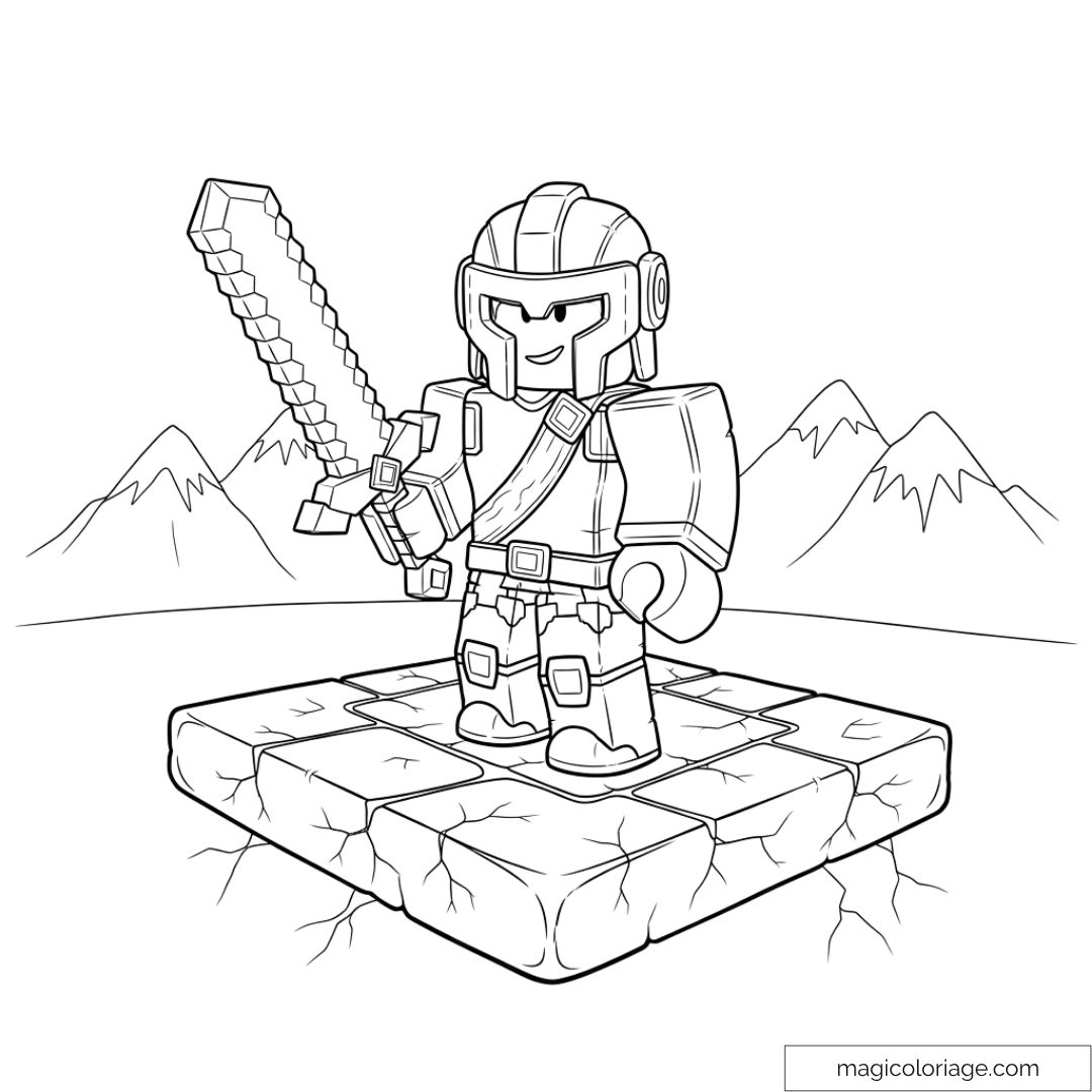 Guerrier Roblox avec épée debout sur une plateforme devant des montagnes.