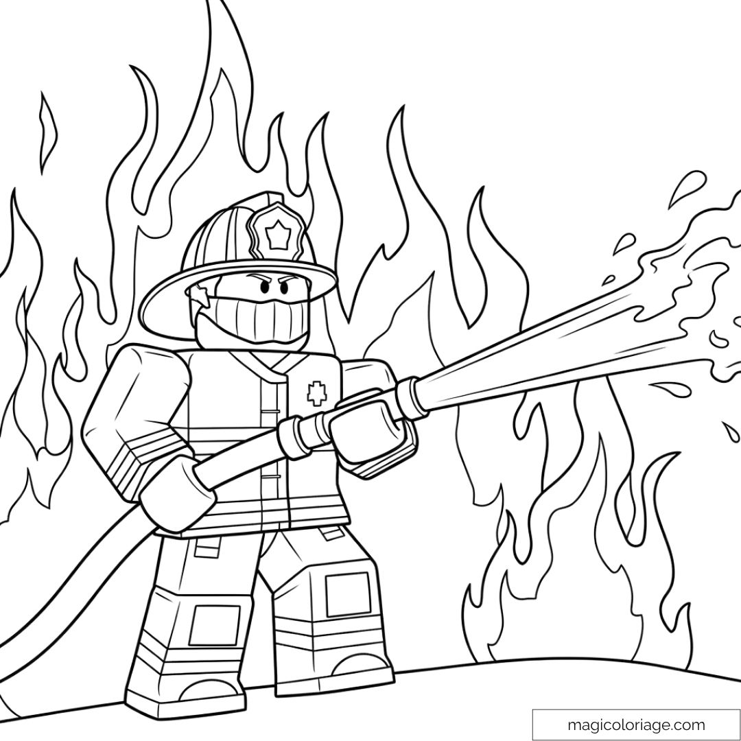 Dessin d'un pompier Roblox avec lance à incendie et flammes en arrière-plan
