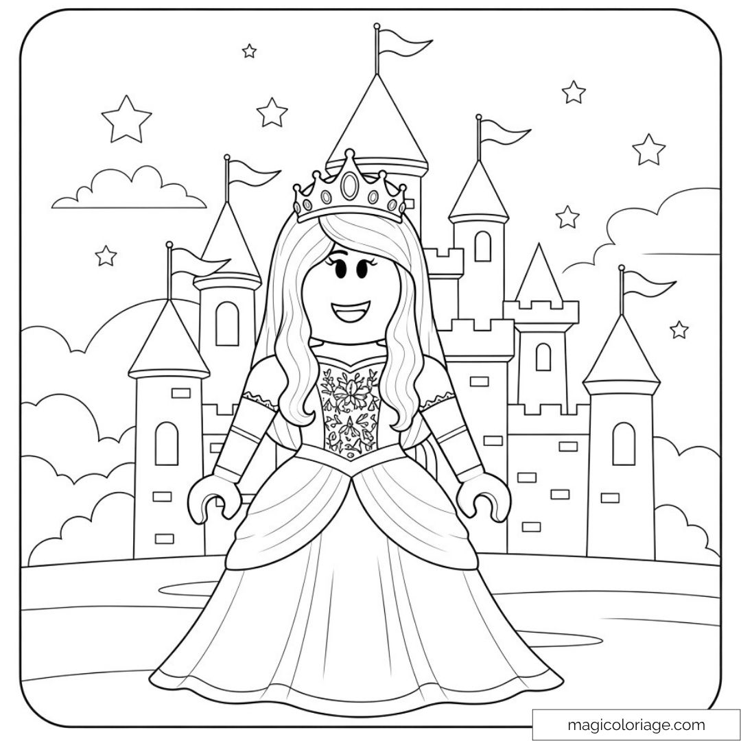 Dessin d'une princesse Roblox devant un château majestueux.