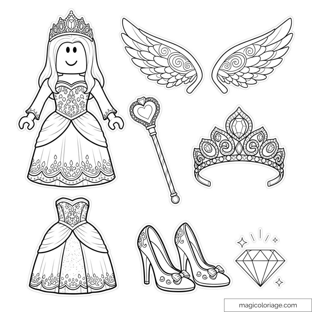Dessin de princesse Roblox avec ses accessoires : ailes