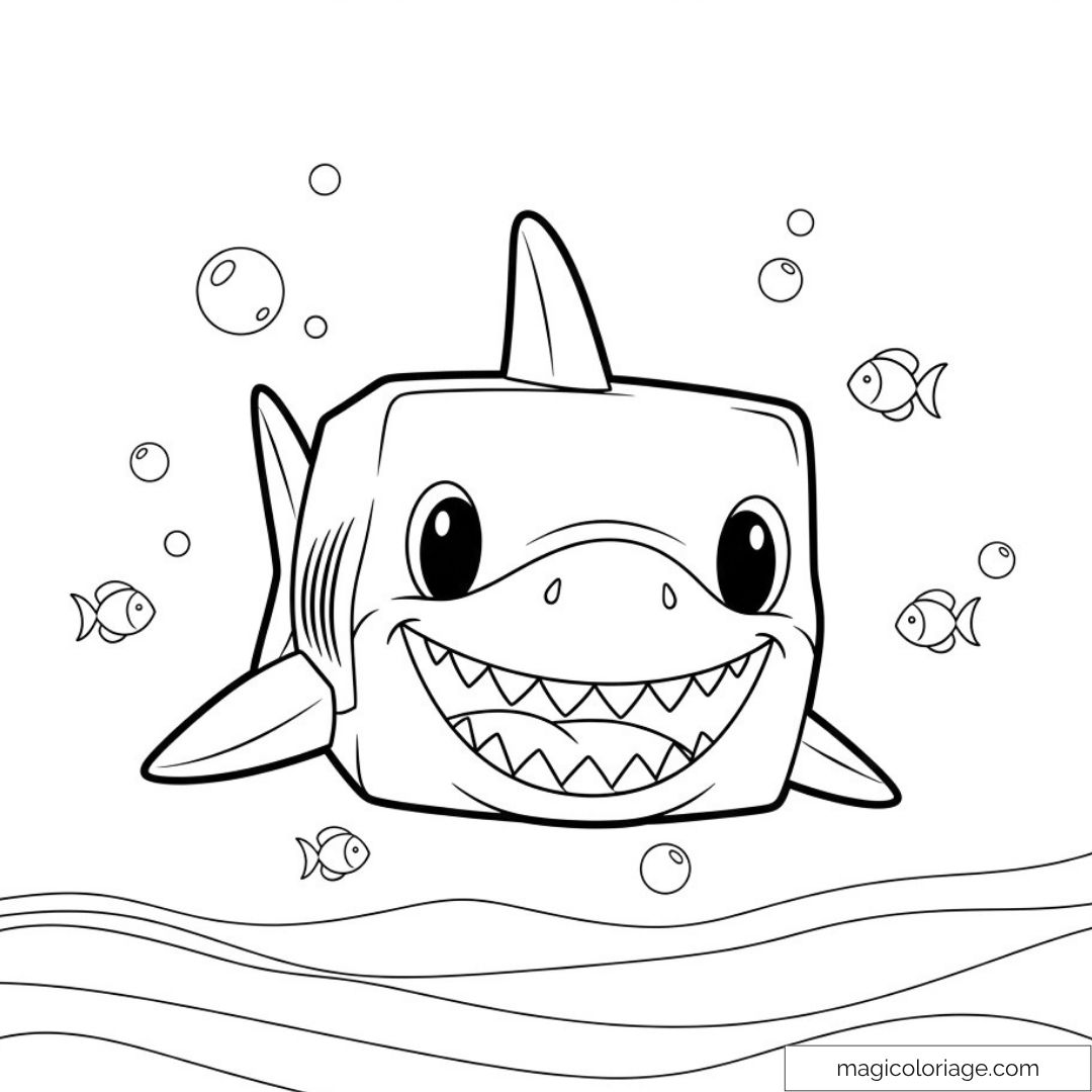 Requin carré Roblox nageant avec des poissons et bulles à colorier