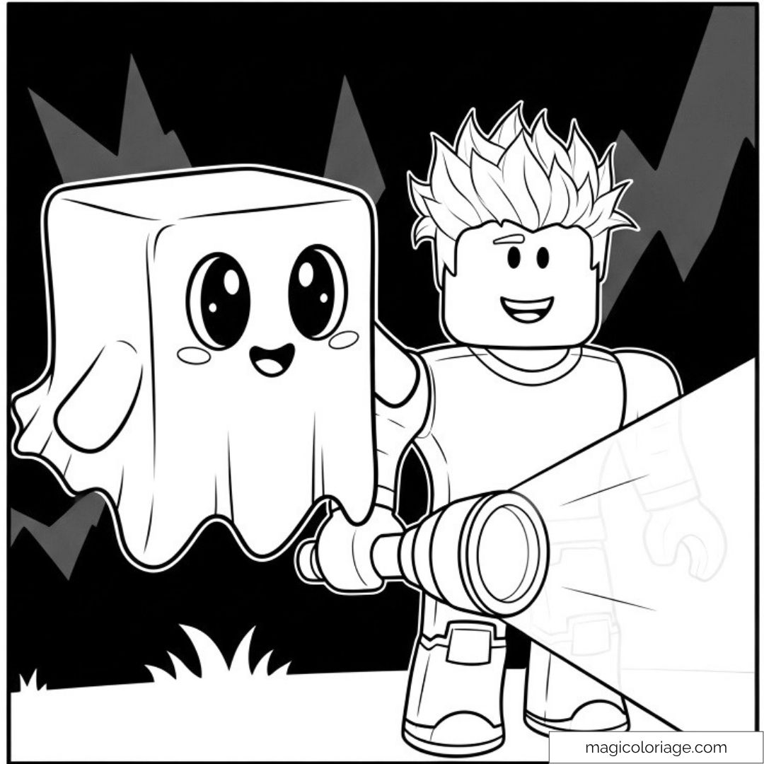 Personnage Roblox avec un fantôme et une lampe torche dans la nuit.