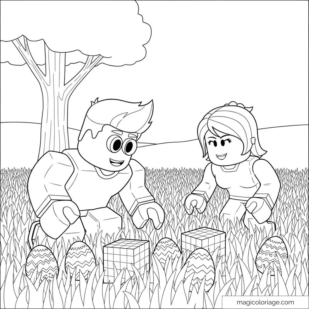 Personnages Roblox cherchant des œufs colorés dans l'herbe