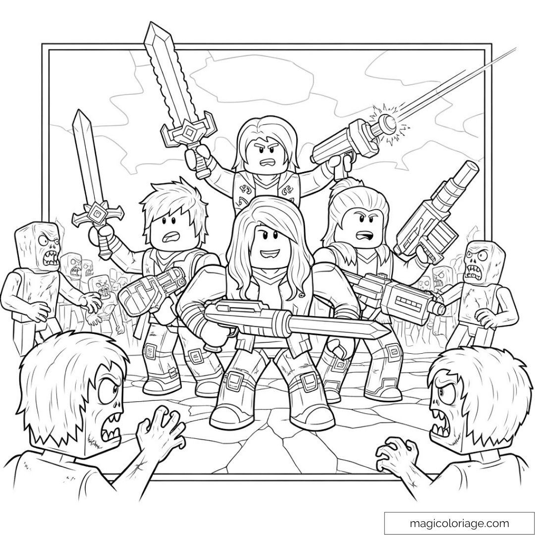 Dessin de personnages Roblox armés luttant contre des zombies.