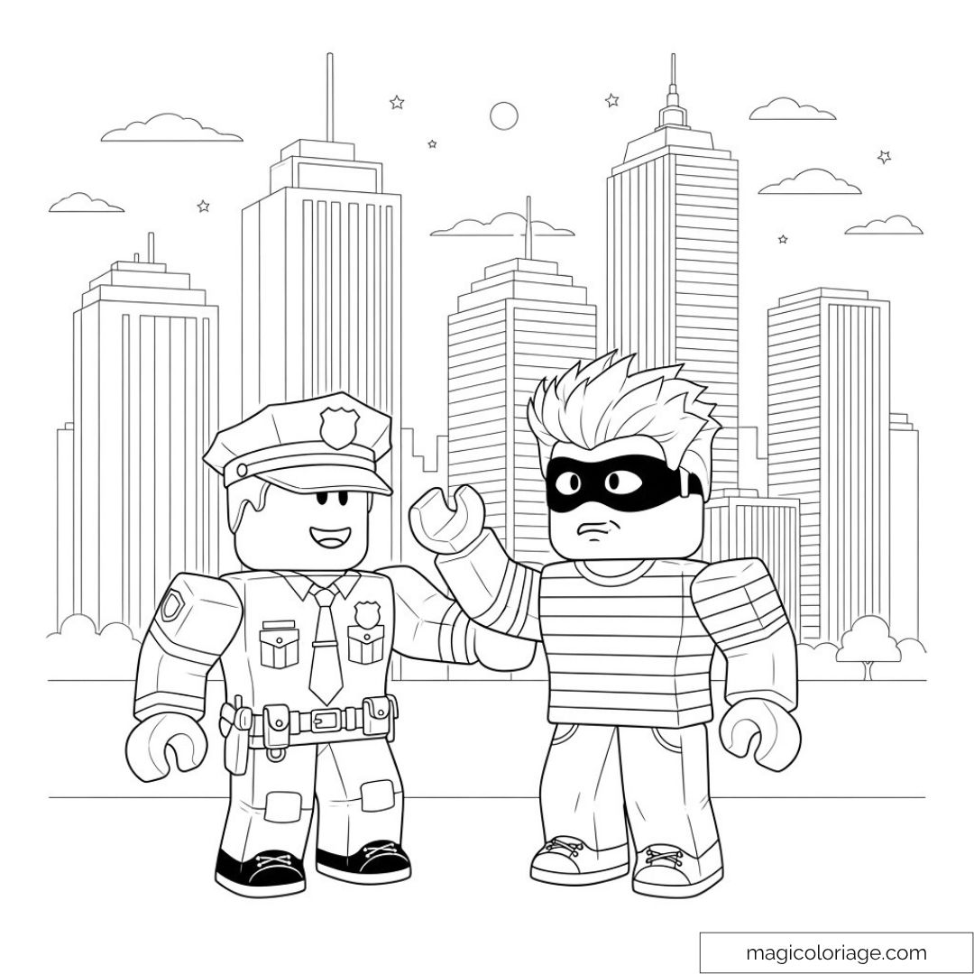 Coloriage Roblox de policier et voleur devant des gratte-ciel