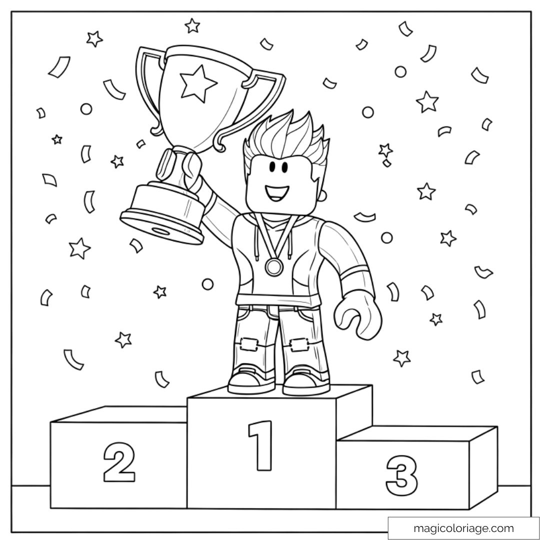 Dessin de personnage Roblox avec trophée et confettis celebrant sa victoire.