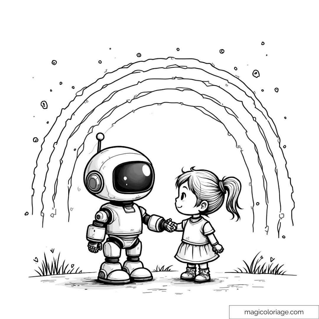 Dessin d'une fille et d'un robot avec un arc-en-ciel en fond.