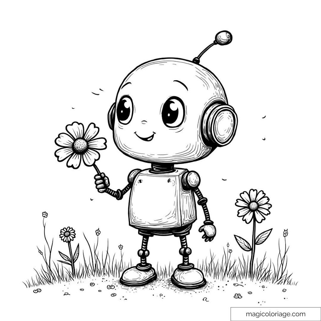 Dessin robot souriant tenant une marguerite