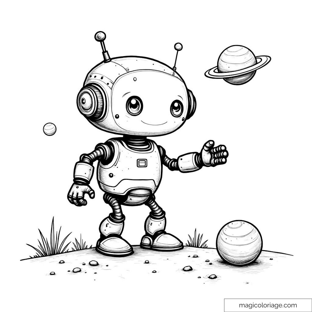 Robot mignon jouant avec des planètes et explorant l'espace