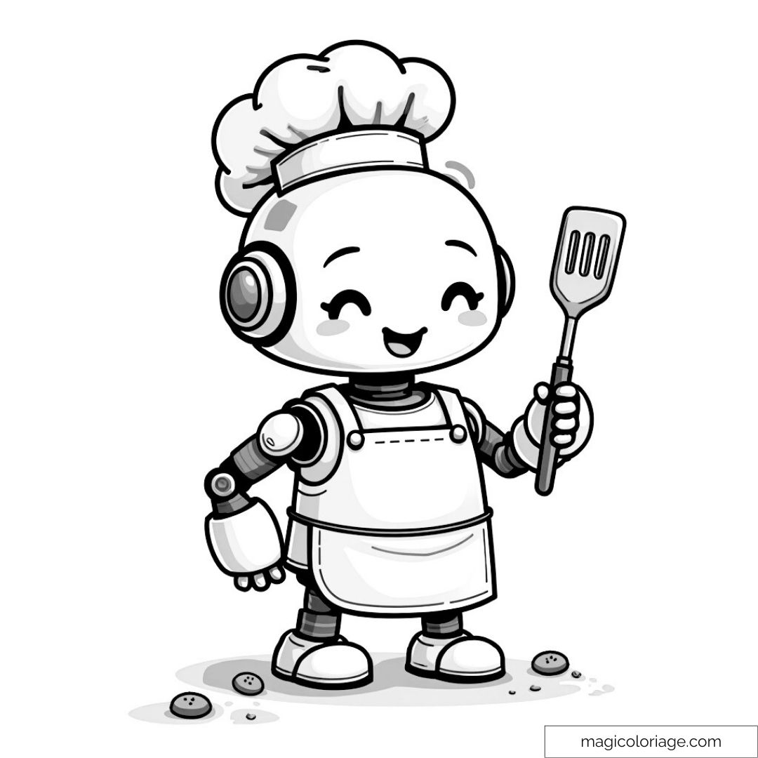 Robot chef de cuisine souriant avec une spatule